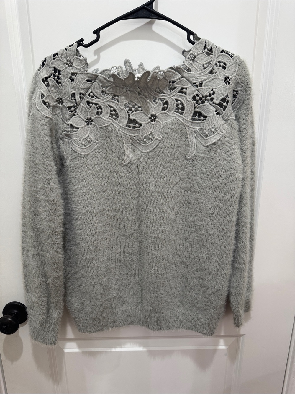 En Creme Soft Grey Lace Yoke Crewneck Sweater